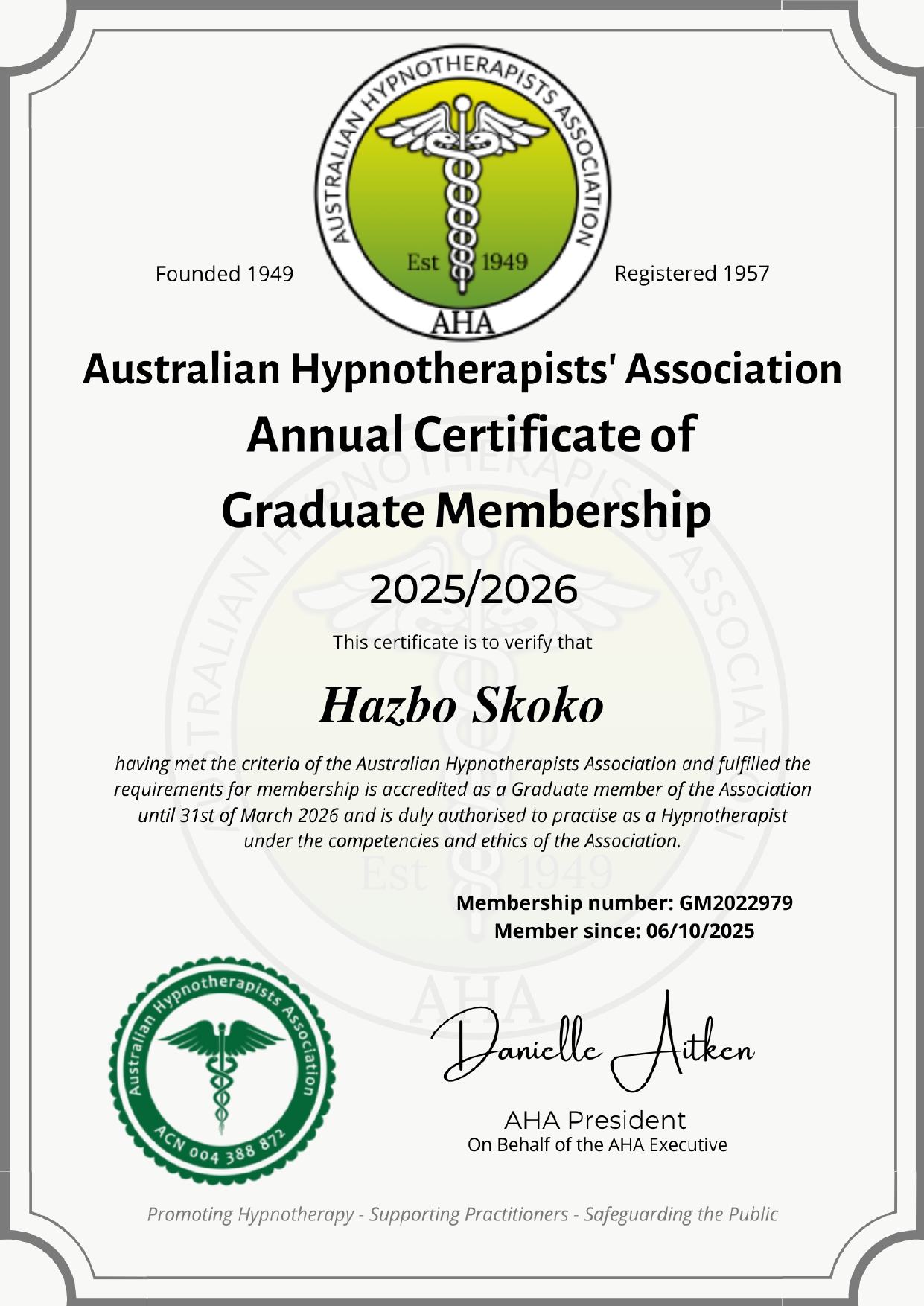 Australian Hypnotherapists' Association Certificate